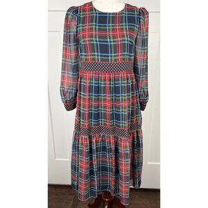 Gretchen Scott Tartan Plaid Tiered Midi Maxi Dress Long Sleeve Small Prairie